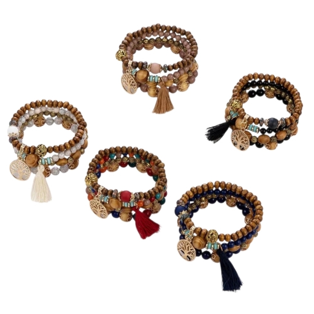 Tree Of Life Red Beaded Layered Bracelet Set Tassel Multicolor - Picture 8 of 11